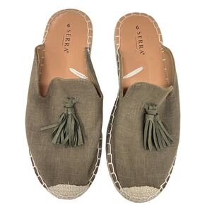 Serra Espadrille Mule‎ Loafers 9 Olive Khaki Tassel Canvas Boho Coastal Resort